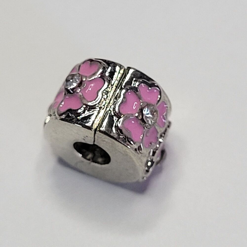 NWT For Pandora Bracelet Silver and Pink Hibiscus Flower Stopper Clip Charm - Picture 3 of 4